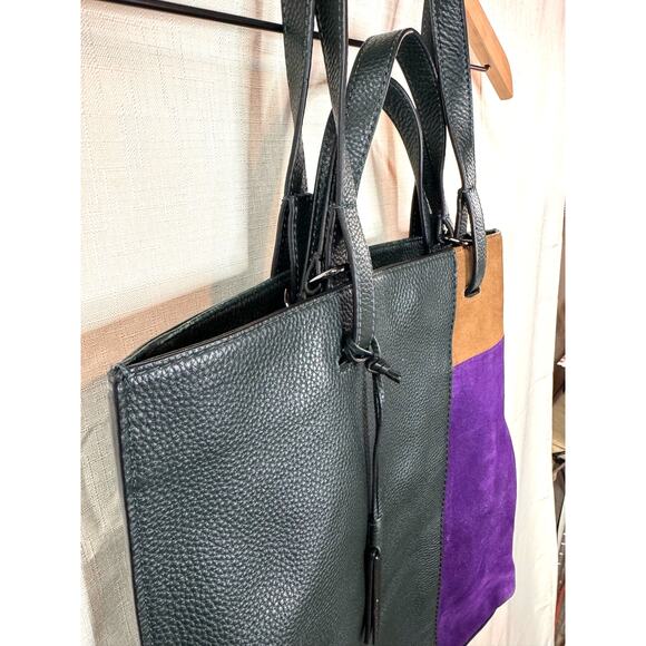 VINCE CAMUTO Casia Patchwork Tote Bag Dark Green Pebbled Leather Suede Boho - Picture 3 of 15